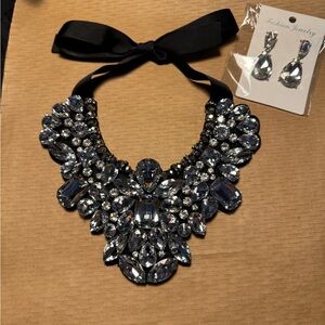 Black and Silver Bib Necklace with Crystal Accents